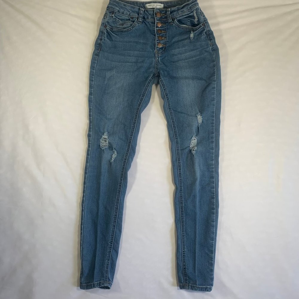 ENCORE JEANS WOMENS SIZE 1 BLUE SKINNY DISTRESSED MID RISE CASUAL CAPSULE PARTY